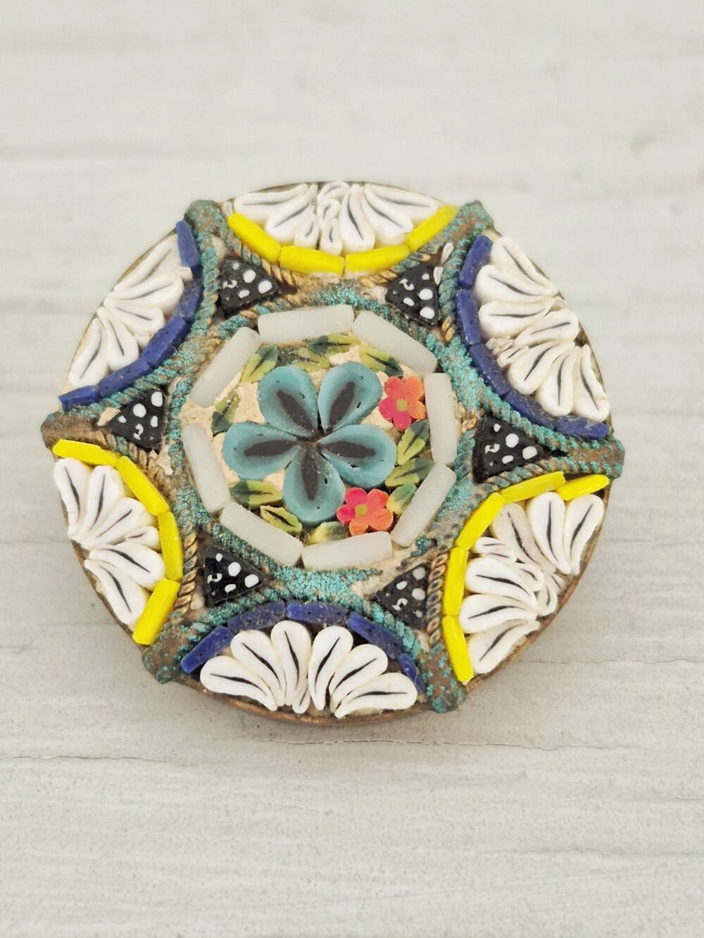 Vintage Antique C-Clasp White and Blue Micro Mosaic Tile Brooch Pin